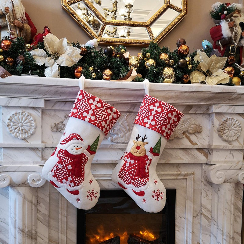 WEWILL Classic Christmas Stockings Set of 2 Elk, Snowman Xmas Character 17 inch Christmas Decorations Gift for Family Kids (Style 4) - Image 2